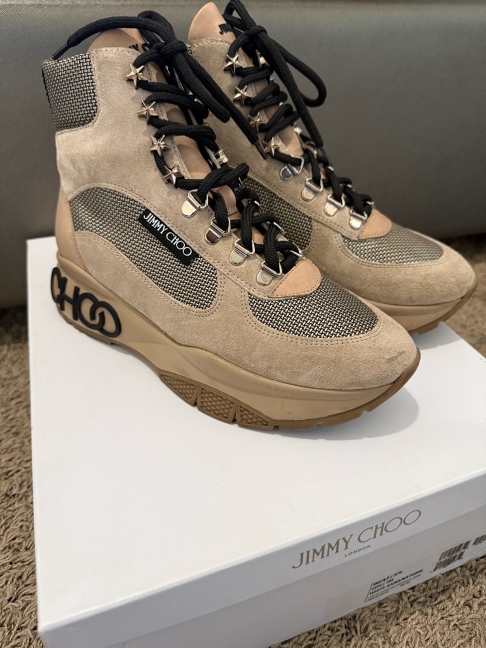 Jimmy Choo Beige and Black Suede Mesh High-Top Sneakers